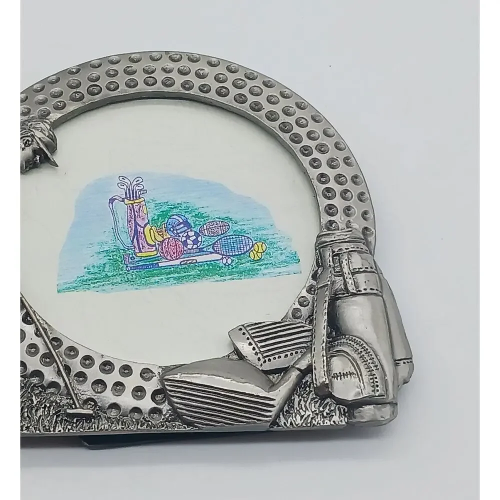 Round Golf Ball Pewter Picture Frame Figural Woman Golfing Clubs Bag Small